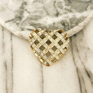 Vintage Pave Heart Basket‎ Weave Gold Toned Metal Open Clear Rhinestone Unsigned